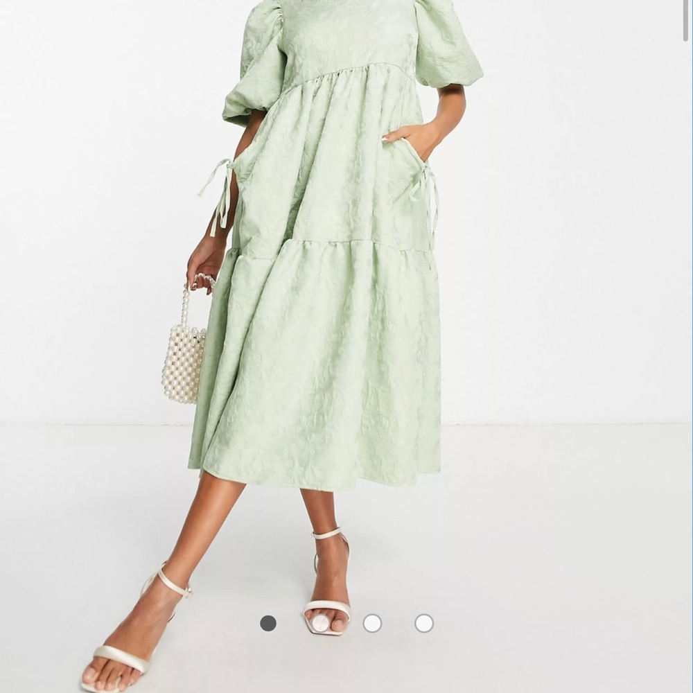 ASOS DESIGN Jacquard Tiered Midi Dress Sage Green - Picture 2 of 4